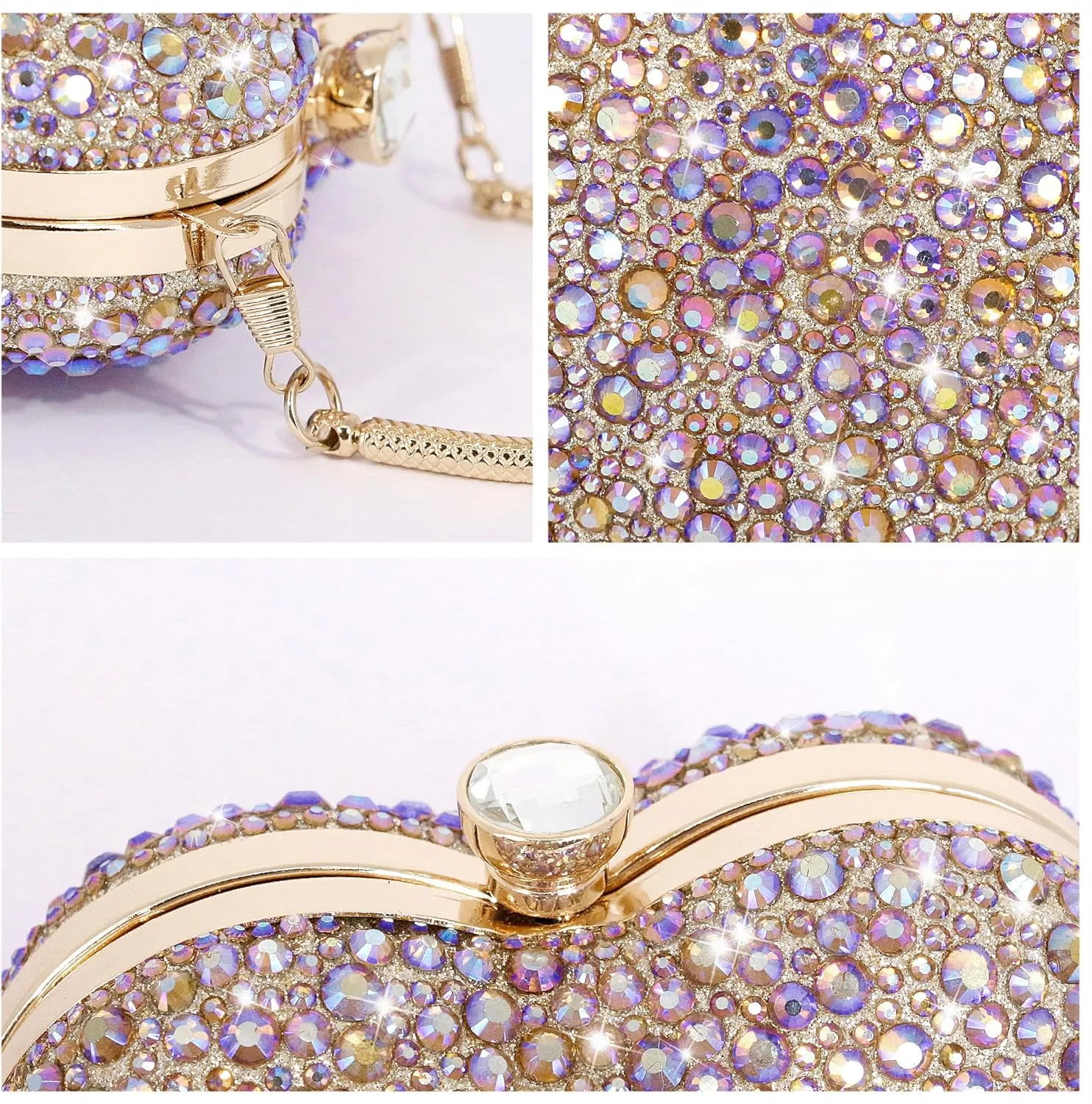 Womens Elegant Heart Type Evening Bag Shiny Rhinestone Clutch Purse Party Wedding Prom Handbag Chain Shoulder Bag