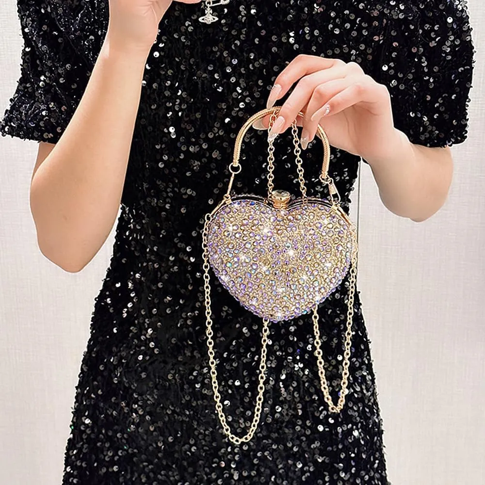 Womens Elegant Heart Type Evening Bag Shiny Rhinestone Clutch Purse Party Wedding Prom Handbag Chain Shoulder Bag