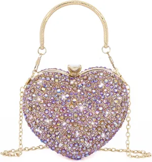 Womens Elegant Heart Type Evening Bag Shiny Rhinestone Clutch Purse Party Wedding Prom Handbag Chain Shoulder Bag