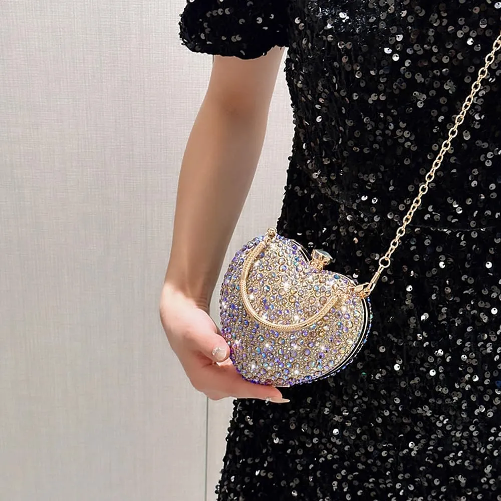 Womens Elegant Heart Type Evening Bag Shiny Rhinestone Clutch Purse Party Wedding Prom Handbag Chain Shoulder Bag
