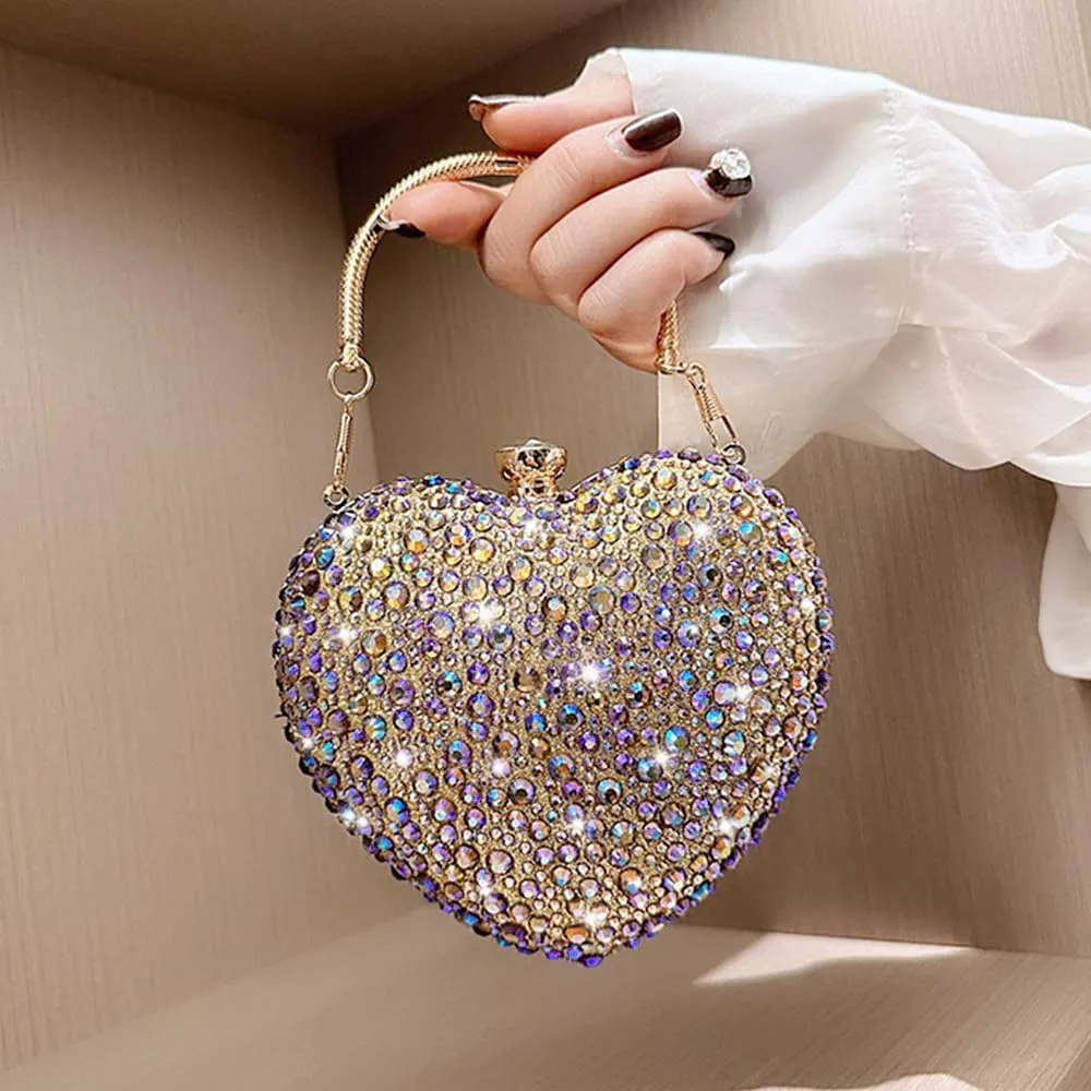 Womens Elegant Heart Type Evening Bag Shiny Rhinestone Clutch Purse Party Wedding Prom Handbag Chain Shoulder Bag