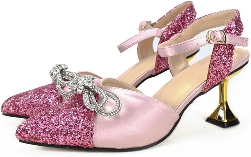 Women's Elegant Pointed Toe High Heel Pump and Bag Set with Buckle Strap for Evening Events