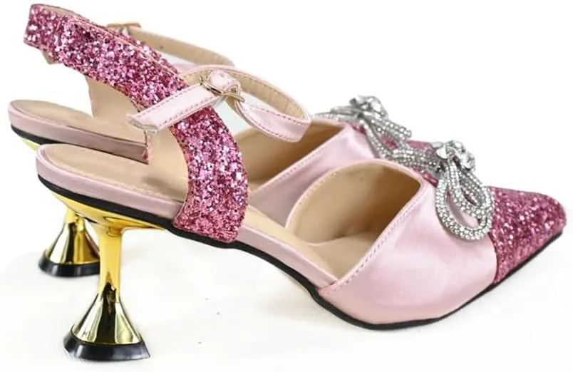 Women's Elegant Pointed Toe High Heel Pump and Bag Set with Buckle Strap for Evening Events