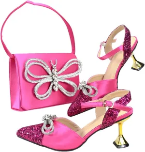 Women's Elegant Pointed Toe High Heel Pump and Bag Set with Buckle Strap for Evening Events