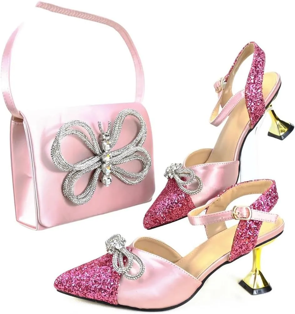 Women's Elegant Pointed Toe High Heel Pump and Bag Set with Buckle Strap for Evening Events