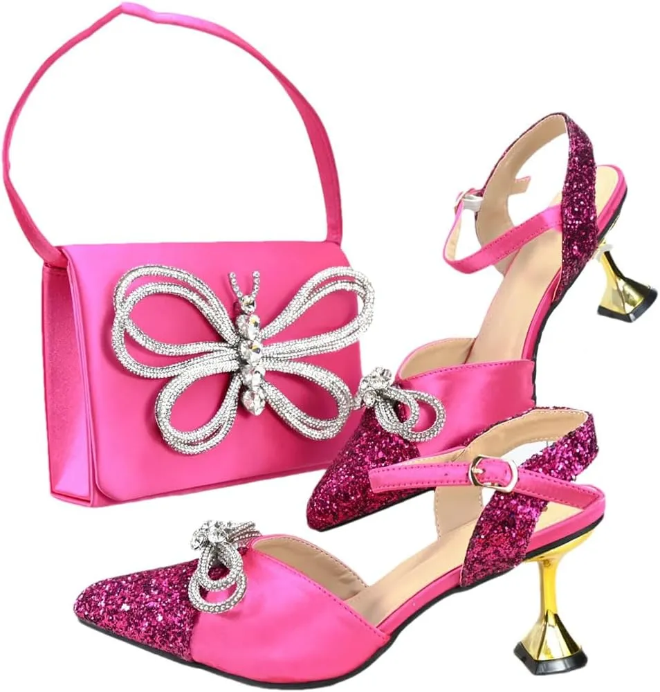 Women's Elegant Pointed Toe High Heel Pump and Bag Set with Buckle Strap for Evening Events