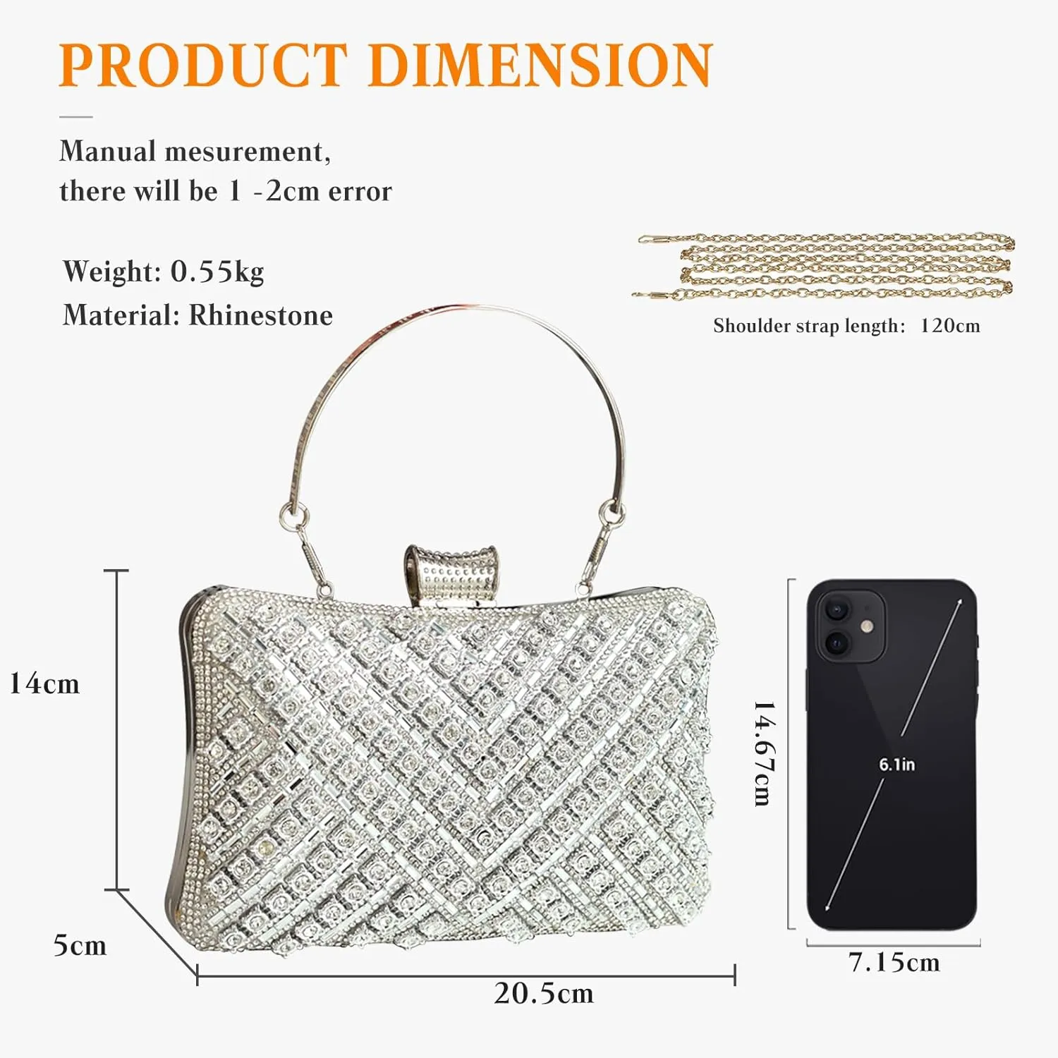 Women's Evening Bag Rhinestone Clutch Bag Bridal Wedding Purse Bling Crystal Shoulder Bag with Detachable Chain