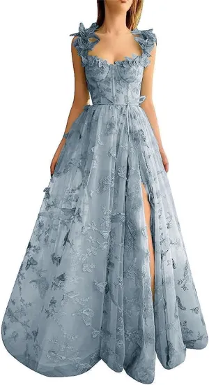 Women's Fairy Butterfly Embroidery Evening Dresses Sleeveless Long Tulle Prom Dress A Line
