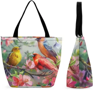 Women's Handbags Cute Birds Branch Flowers Watercolor Shopping Bag Leather Tote Bag Satchel Bags