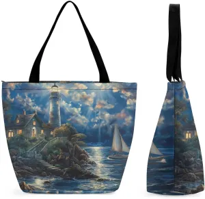 Women's Handbags Lighthouse Clouds Landscape Shopping Bag Leather Tote Bag Satchel Bags