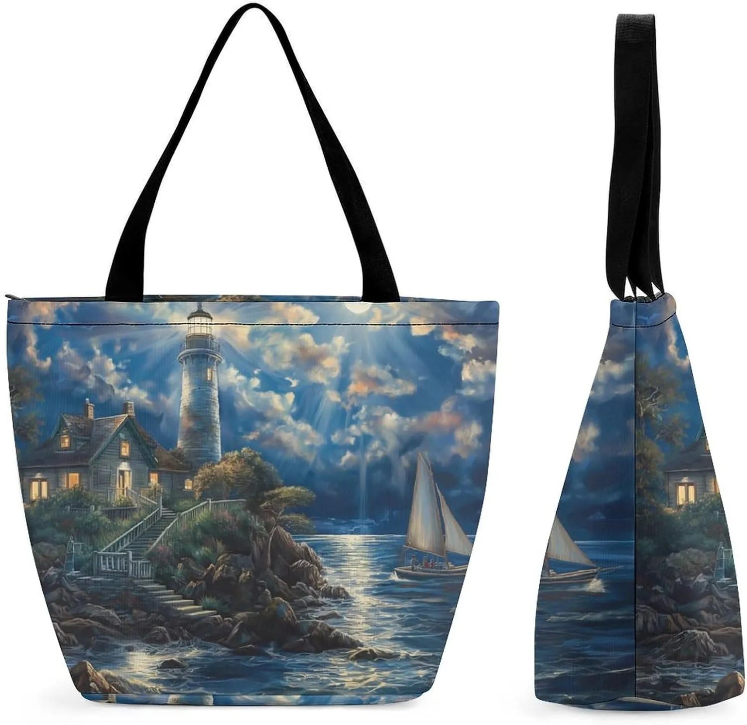 Women's Handbags Lighthouse Clouds Landscape Shopping Bag Leather Tote Bag Satchel Bags