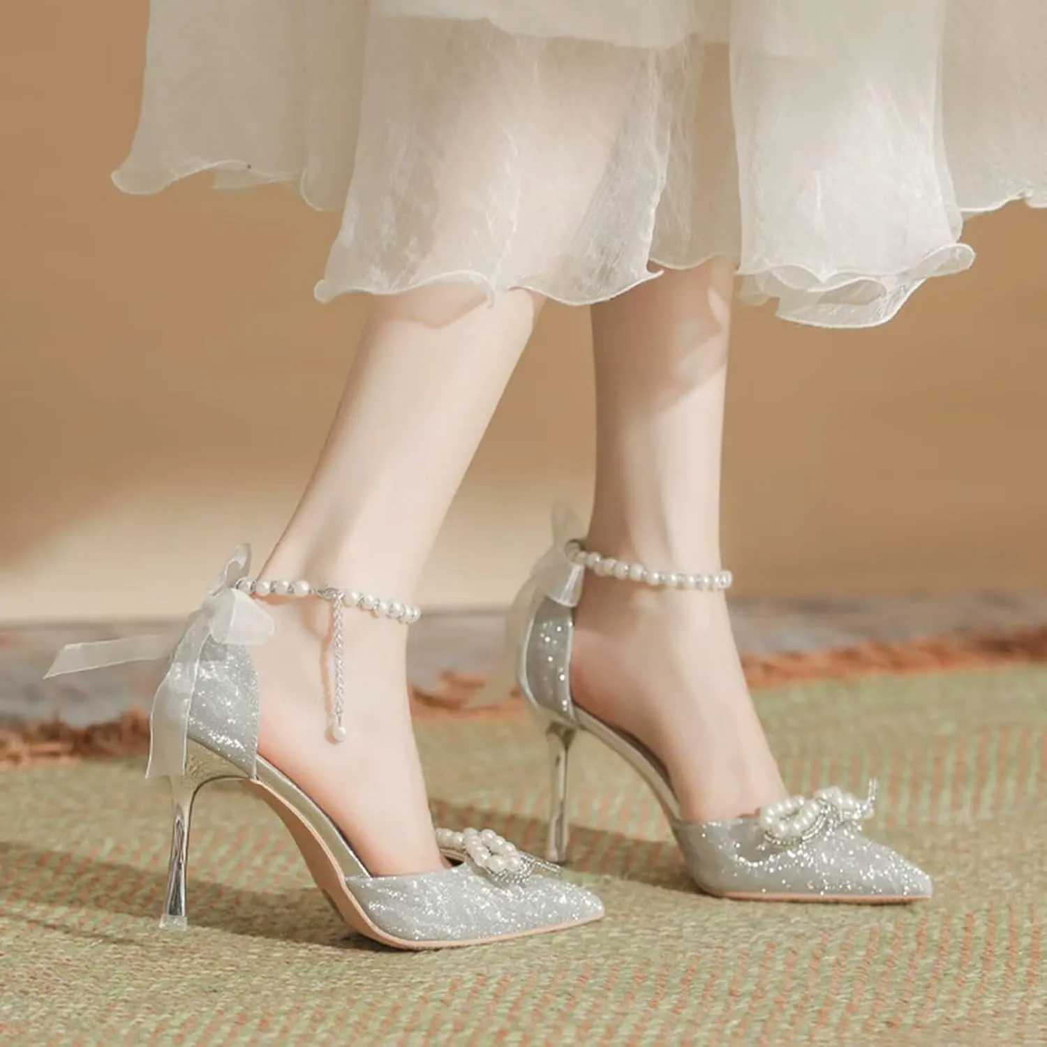 Women's High Heels Closed Pointed Toe Heeled Sandals Pearls Ankle Strap Bow Pumps Wedding Bridal Party Dress Shoes Evening Party Court Shoes