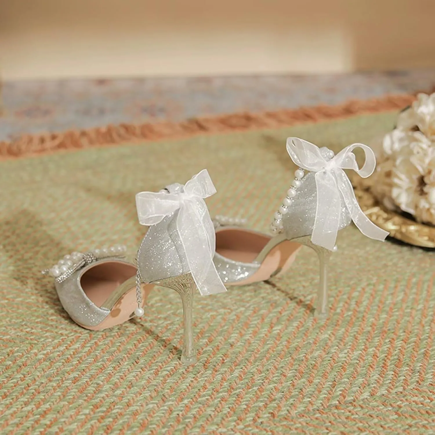 Women's High Heels Closed Pointed Toe Heeled Sandals Pearls Ankle Strap Bow Pumps Wedding Bridal Party Dress Shoes Evening Party Court Shoes