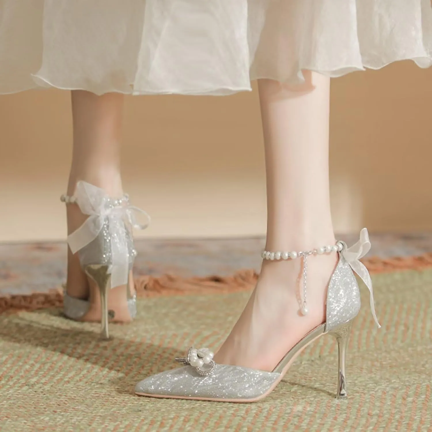 Women's High Heels Closed Pointed Toe Heeled Sandals Pearls Ankle Strap Bow Pumps Wedding Bridal Party Dress Shoes Evening Party Court Shoes