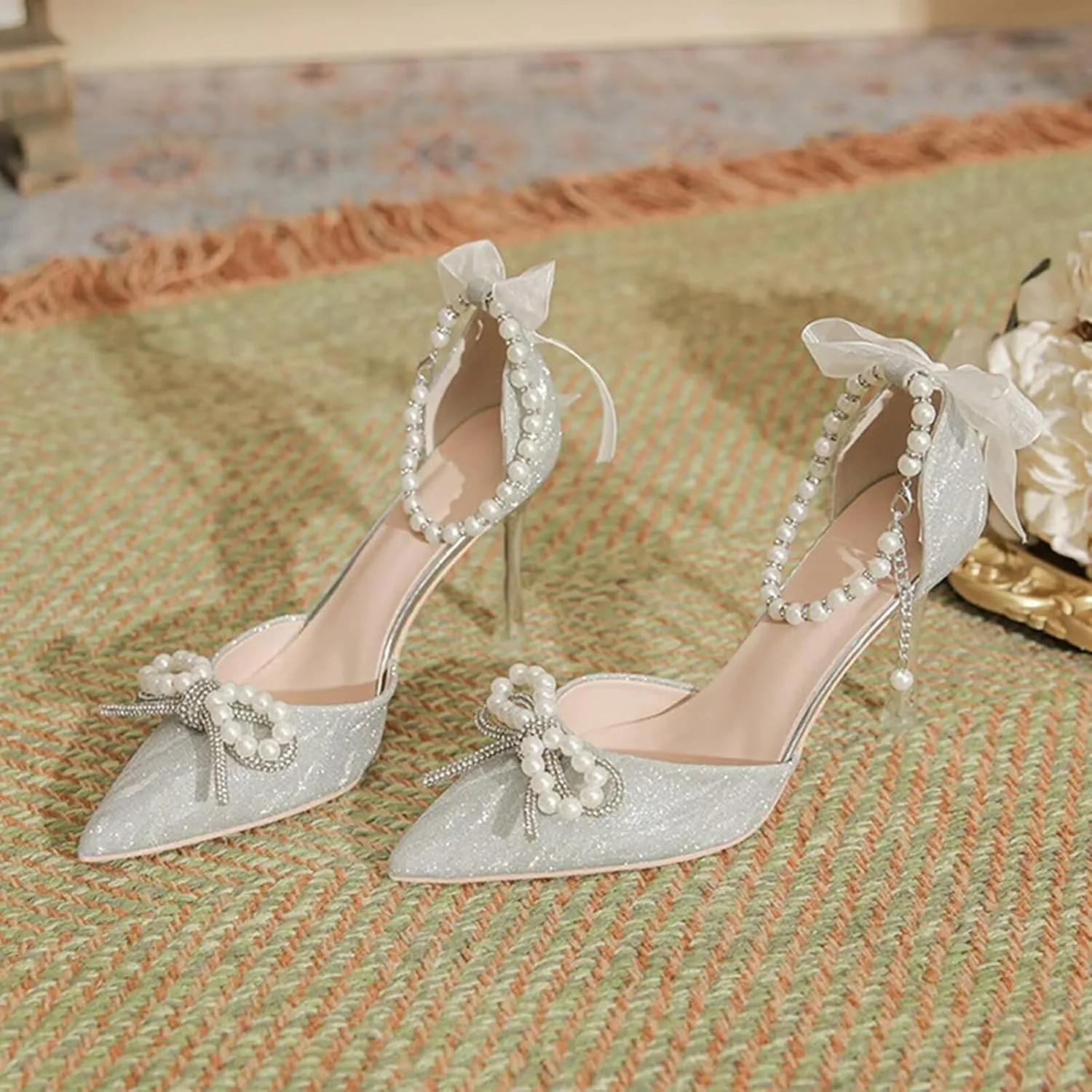 Women's High Heels Closed Pointed Toe Heeled Sandals Pearls Ankle Strap Bow Pumps Wedding Bridal Party Dress Shoes Evening Party Court Shoes