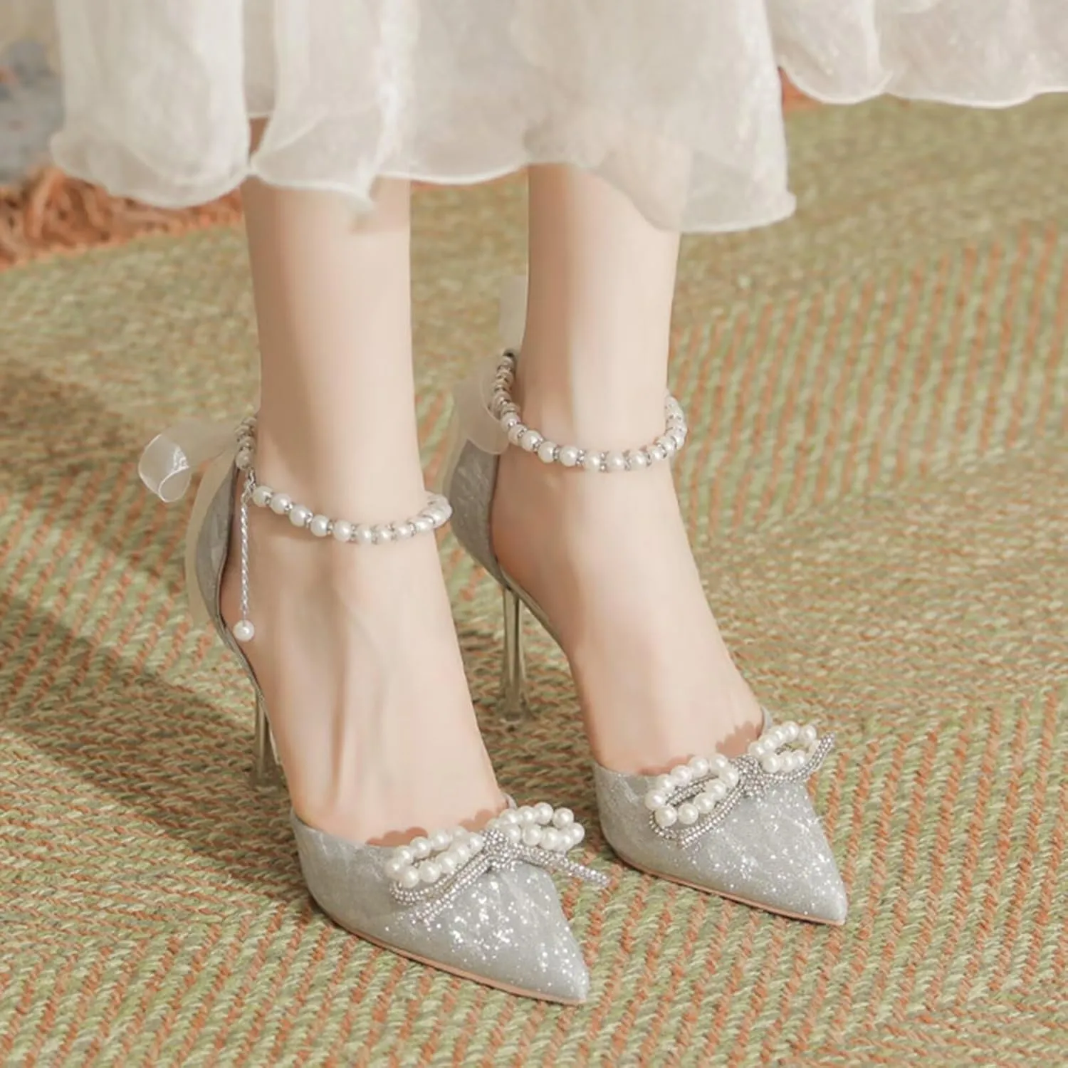 Women's High Heels Closed Pointed Toe Heeled Sandals Pearls Ankle Strap Bow Pumps Wedding Bridal Party Dress Shoes Evening Party Court Shoes