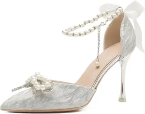 Women's High Heels Closed Pointed Toe Heeled Sandals Pearls Ankle Strap Bow Pumps Wedding Bridal Party Dress Shoes Evening Party Court Shoes