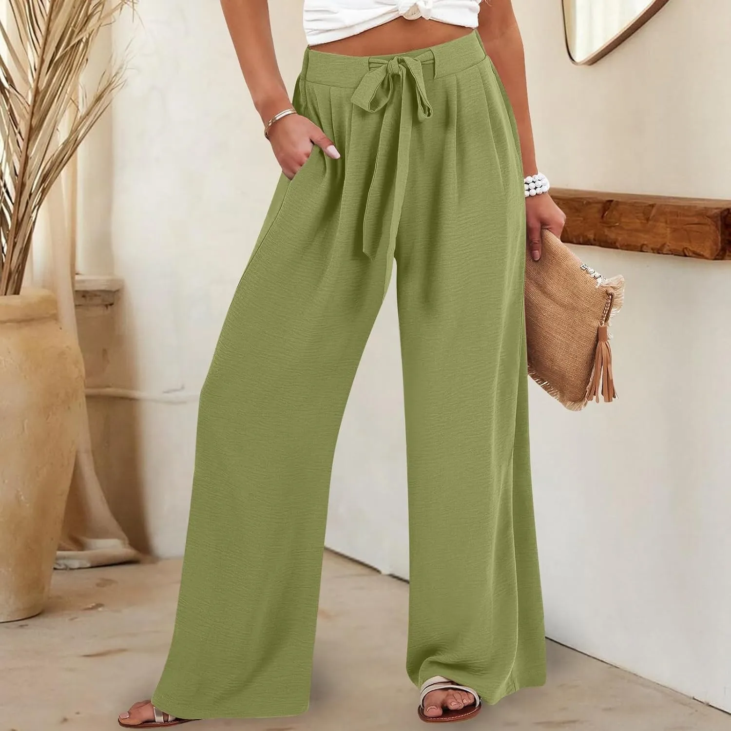 Womens High Waisted Wide Leg Drawstring Pants Office Elegant Fit Stretch Waistband Trousers Evening Party Casual Pant