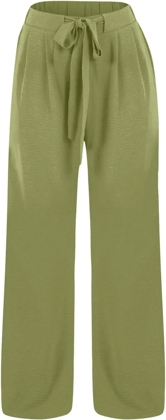 Womens High Waisted Wide Leg Drawstring Pants Office Elegant Fit Stretch Waistband Trousers Evening Party Casual Pant