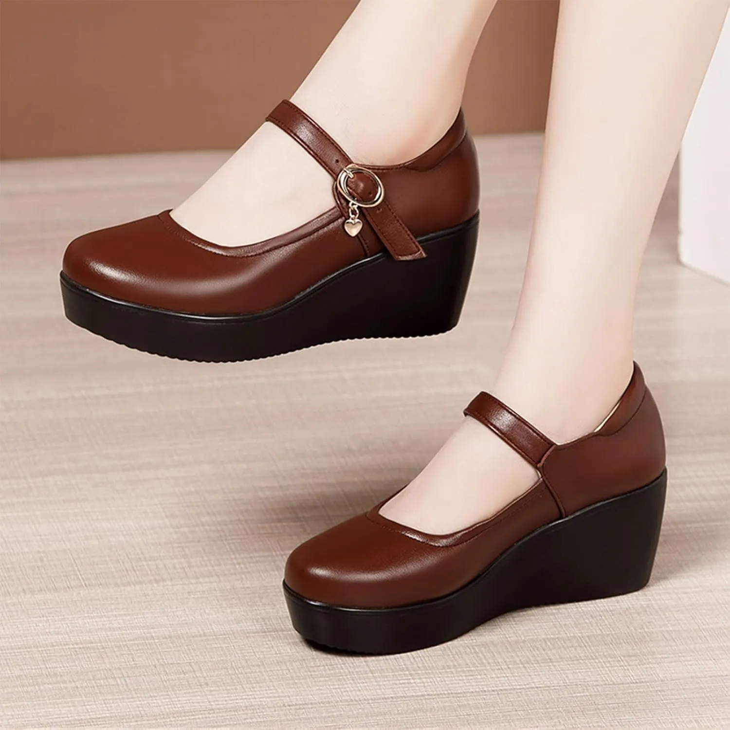 Women's Leather Fashion Wedge Heel Mary Janes with Adjustable Ankle Strap Comfort Non Slip Platform Mom Shoes for Casual Shopping Outdoor