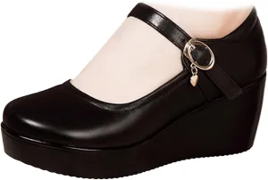 Women's Leather Fashion Wedge Heel Mary Janes with Adjustable Ankle Strap Comfort Non Slip Platform Mom Shoes for Casual Shopping Outdoor