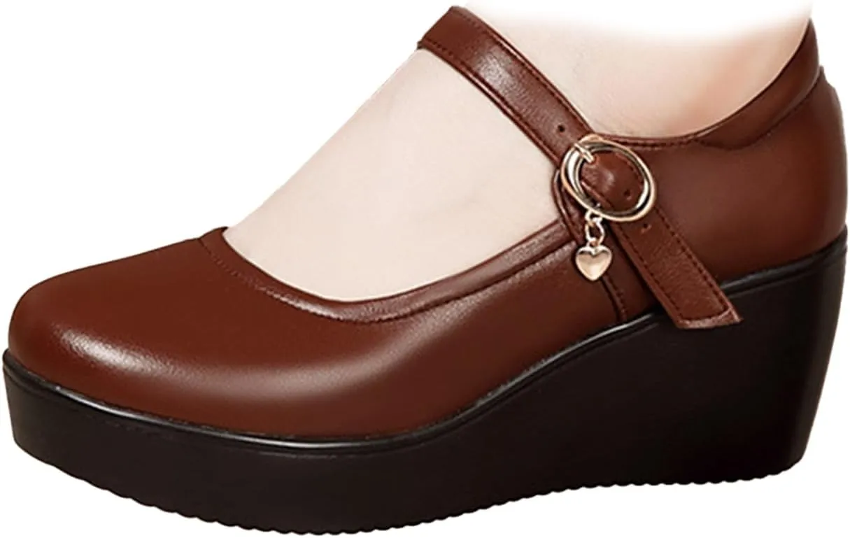 Women's Leather Fashion Wedge Heel Mary Janes with Adjustable Ankle Strap Comfort Non Slip Platform Mom Shoes for Casual Shopping Outdoor