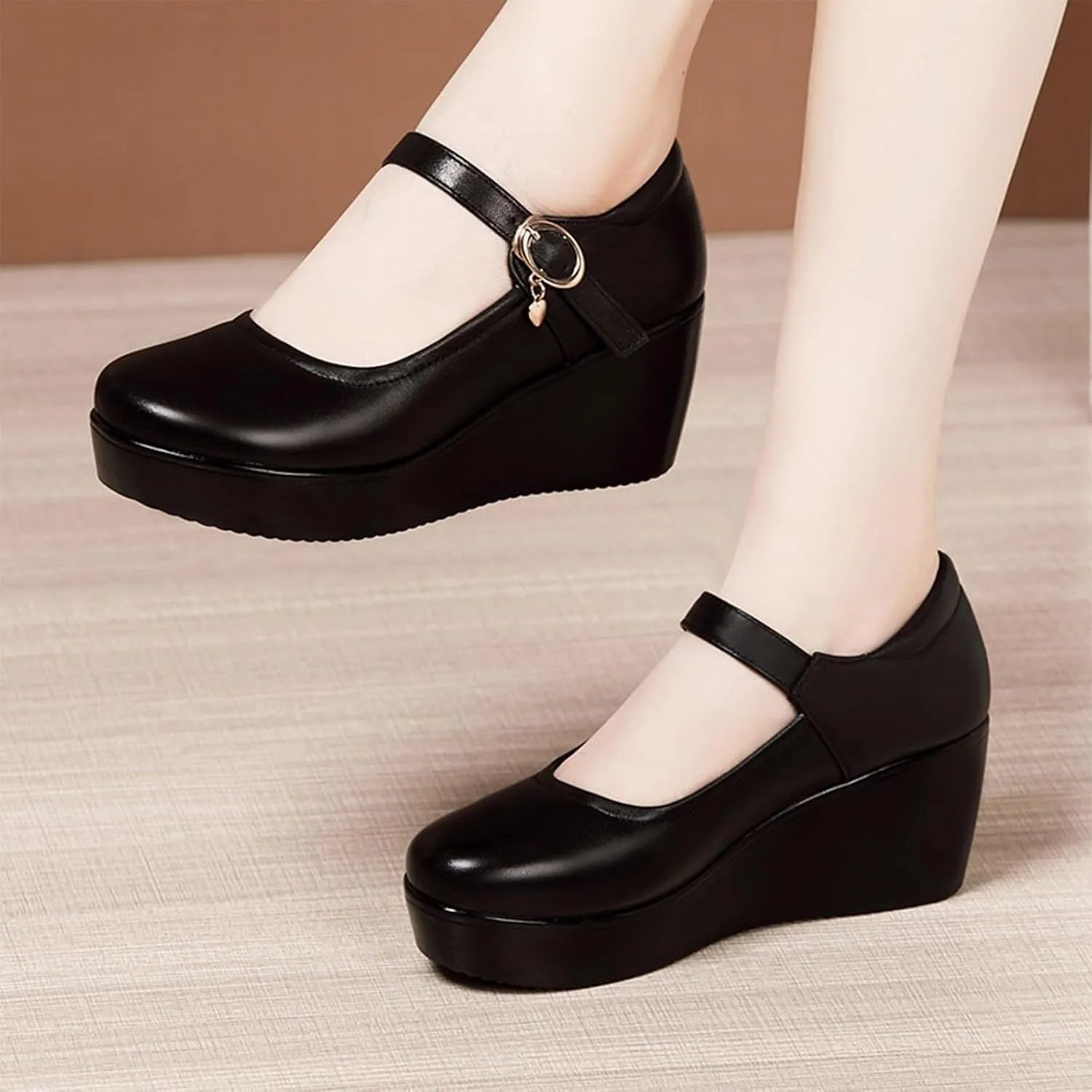 Women's Leather Fashion Wedge Heel Mary Janes with Adjustable Ankle Strap Comfort Non Slip Platform Mom Shoes for Casual Shopping Outdoor