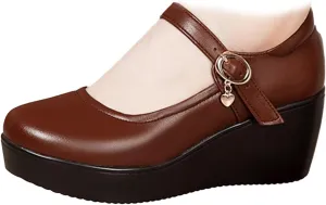 Women's Leather Fashion Wedge Heel Mary Janes with Adjustable Ankle Strap Comfort Non Slip Platform Mom Shoes for Casual Shopping Outdoor