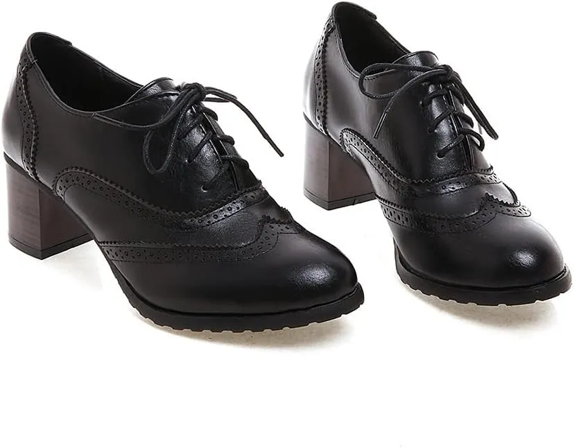 Women's Leather Vintage Oxfords Brogues Lace up Chunky Stacked Mid Heel Pumps Round Toe Dress Shoes
