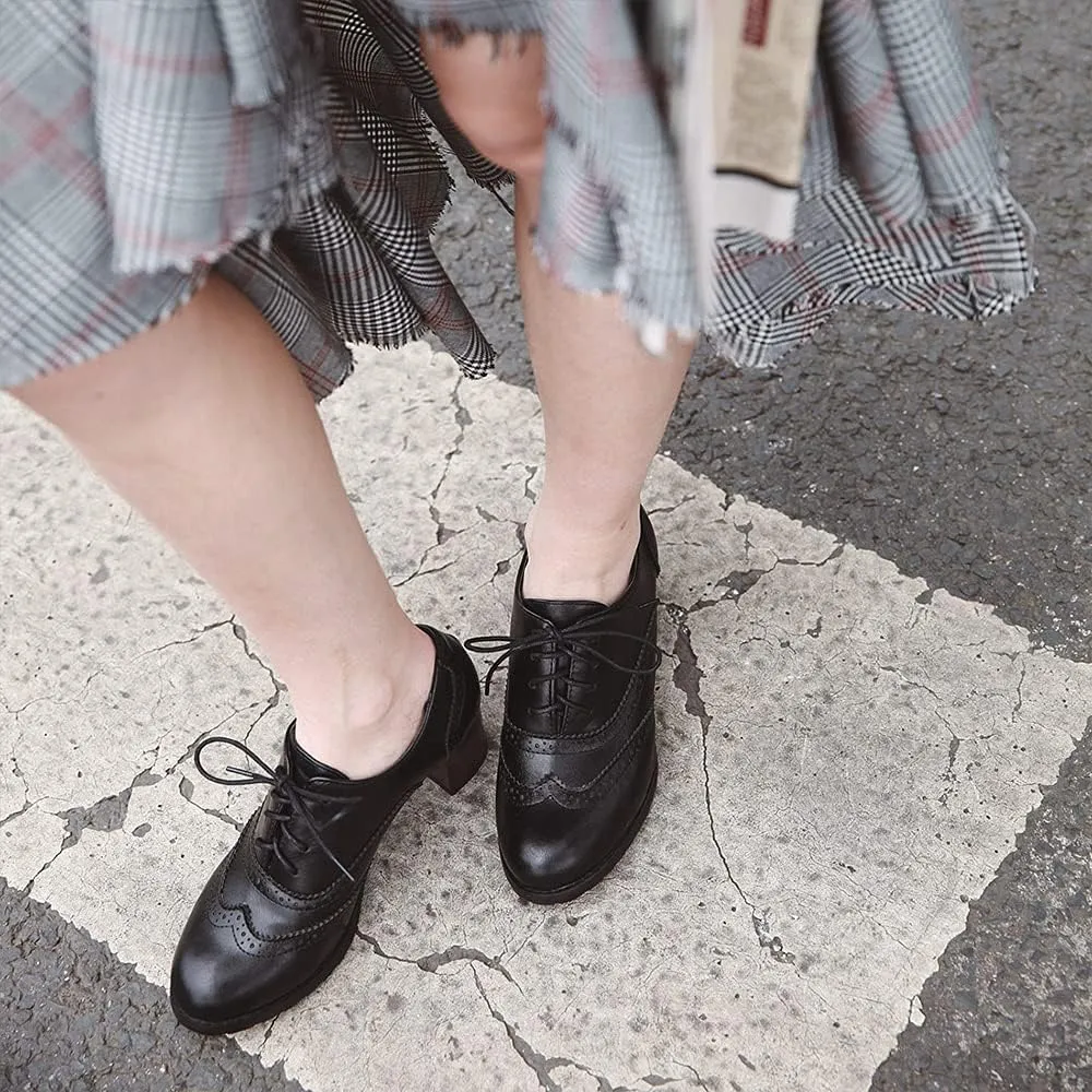 Women's Leather Vintage Oxfords Brogues Lace up Chunky Stacked Mid Heel Pumps Round Toe Dress Shoes