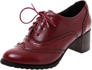 Women's Leather Vintage Oxfords Brogues Lace up Chunky Stacked Mid Heel Pumps Round Toe Dress Shoes