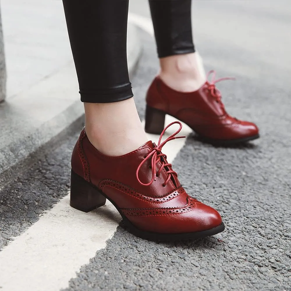 Women's Leather Vintage Oxfords Brogues Lace up Chunky Stacked Mid Heel Pumps Round Toe Dress Shoes