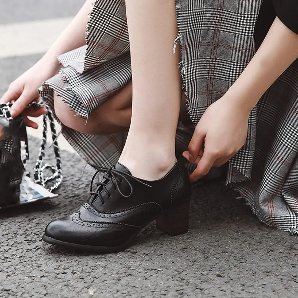 Women's Leather Vintage Oxfords Brogues Lace up Chunky Stacked Mid Heel Pumps Round Toe Dress Shoes