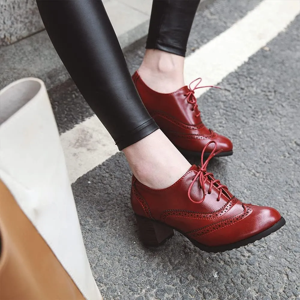 Women's Leather Vintage Oxfords Brogues Lace up Chunky Stacked Mid Heel Pumps Round Toe Dress Shoes