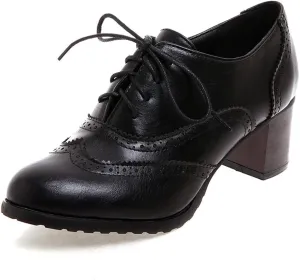 Women's Leather Vintage Oxfords Brogues Lace up Chunky Stacked Mid Heel Pumps Round Toe Dress Shoes