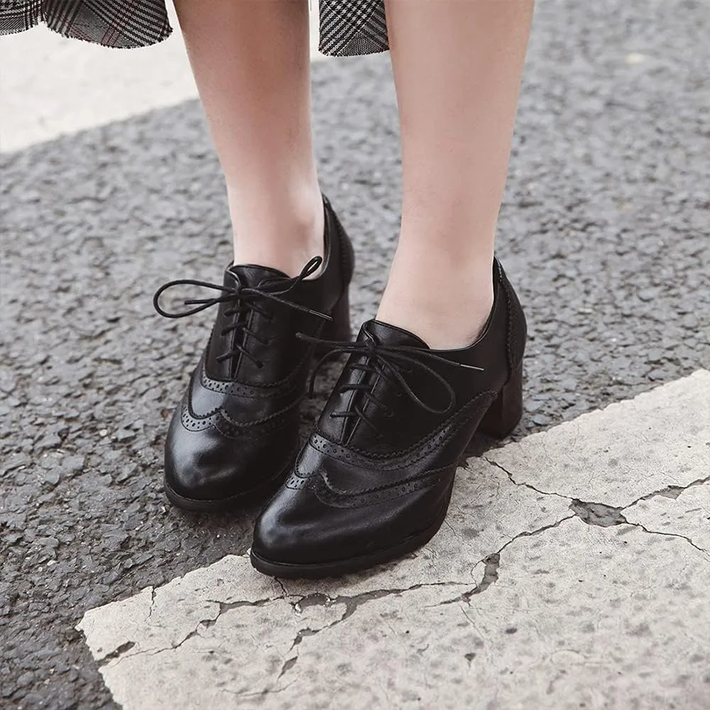 Women's Leather Vintage Oxfords Brogues Lace up Chunky Stacked Mid Heel Pumps Round Toe Dress Shoes