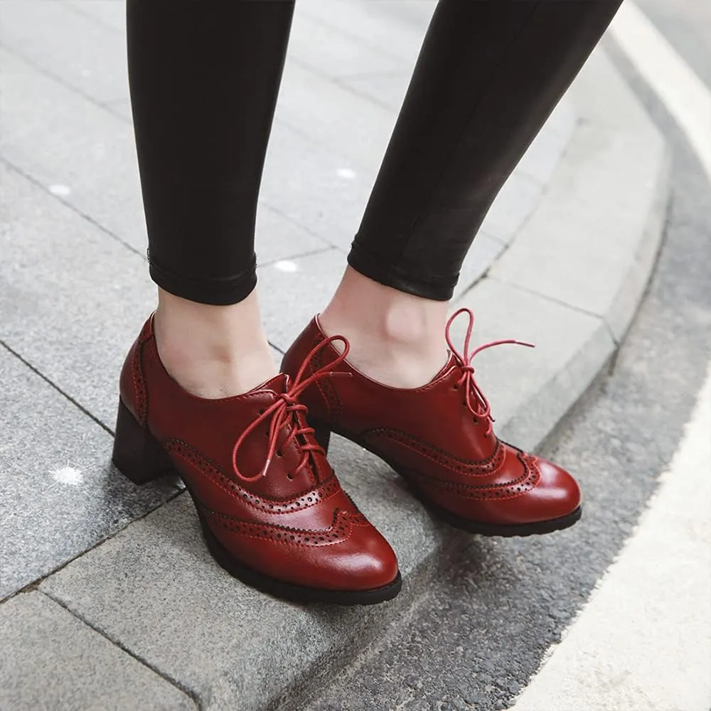Women's Leather Vintage Oxfords Brogues Lace up Chunky Stacked Mid Heel Pumps Round Toe Dress Shoes