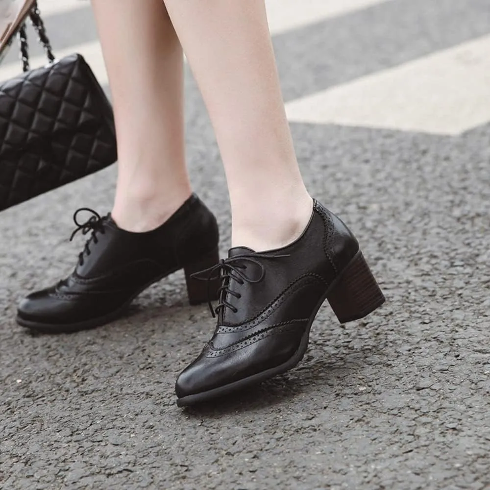 Women's Leather Vintage Oxfords Brogues Lace up Chunky Stacked Mid Heel Pumps Round Toe Dress Shoes