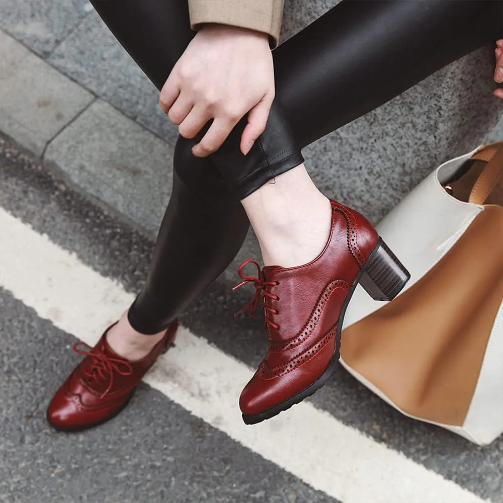 Women's Leather Vintage Oxfords Brogues Lace up Chunky Stacked Mid Heel Pumps Round Toe Dress Shoes