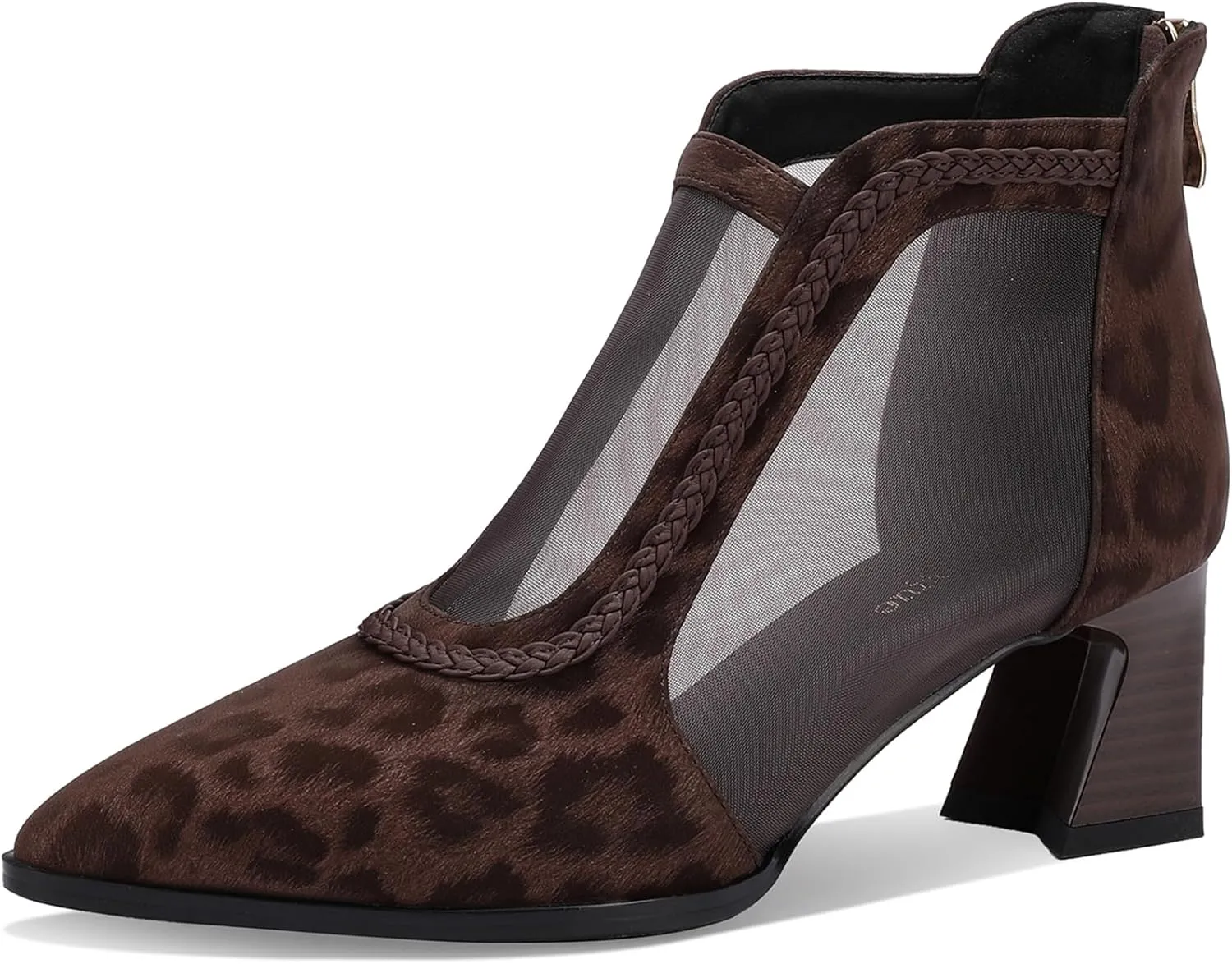 Women's Leopard Print Suede Mesh Ankle Booties 2.5" Block Heel Pointed Toe Back Zipper | Brown Office Evening Shoes Breathable