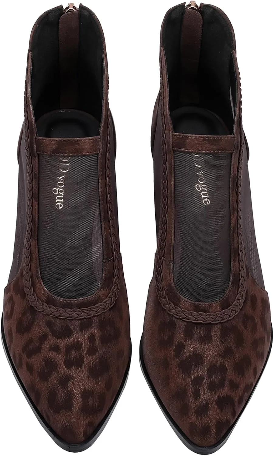 Women's Leopard Print Suede Mesh Ankle Booties 2.5" Block Heel Pointed Toe Back Zipper | Brown Office Evening Shoes Breathable