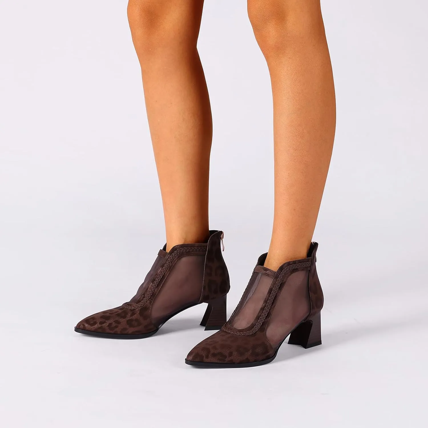 Women's Leopard Print Suede Mesh Ankle Booties 2.5" Block Heel Pointed Toe Back Zipper | Brown Office Evening Shoes Breathable
