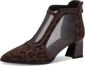 Women's Leopard Print Suede Mesh Ankle Booties 2.5" Block Heel Pointed Toe Back Zipper | Brown Office Evening Shoes Breathable