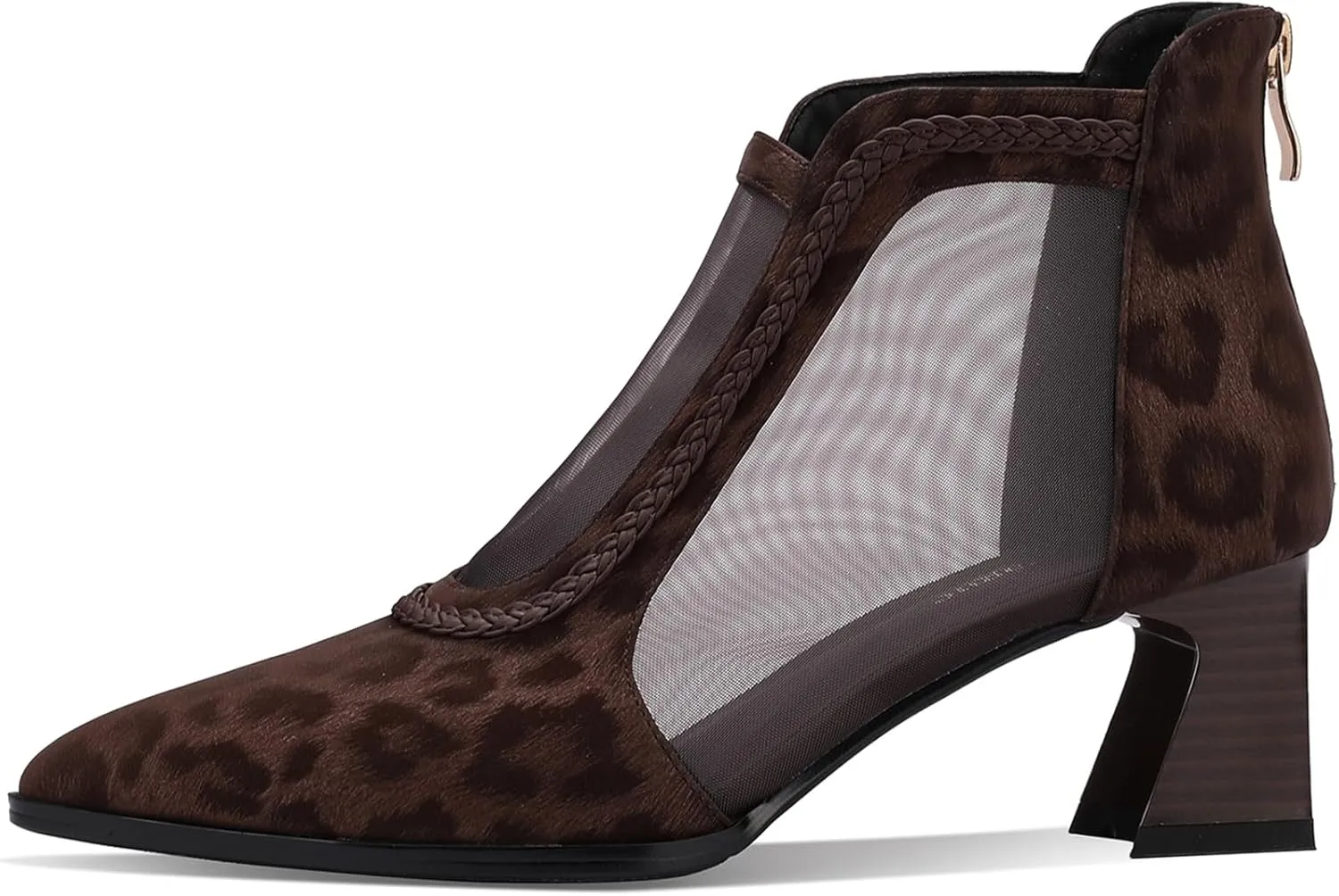 Women's Leopard Print Suede Mesh Ankle Booties 2.5" Block Heel Pointed Toe Back Zipper | Brown Office Evening Shoes Breathable