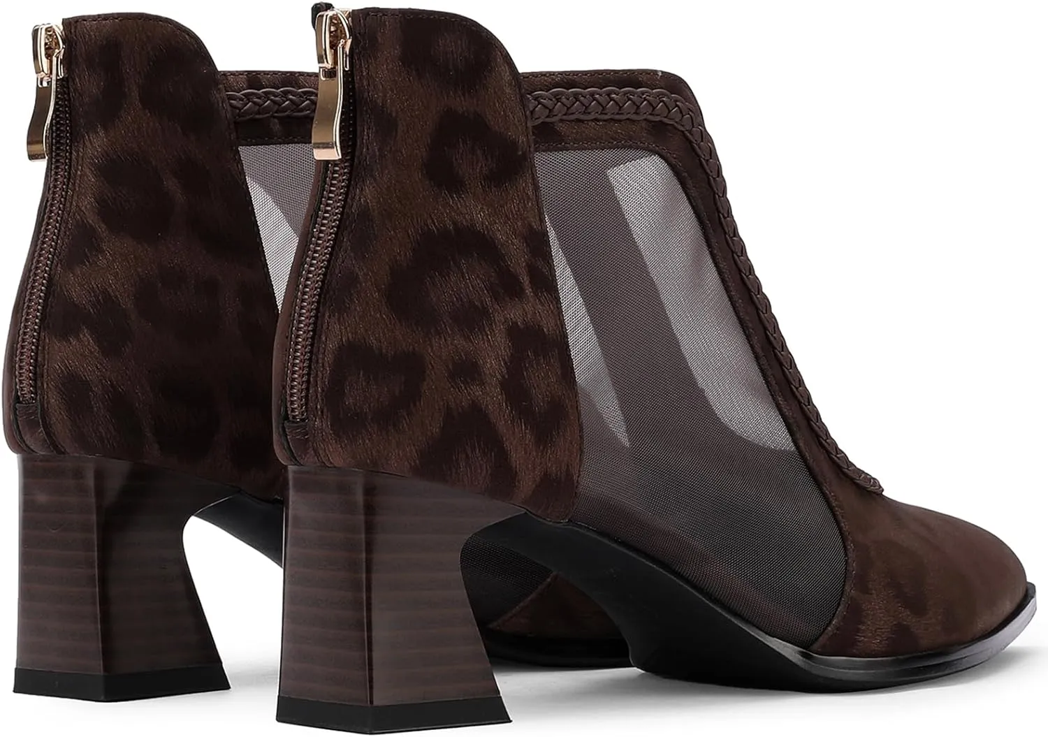 Women's Leopard Print Suede Mesh Ankle Booties 2.5" Block Heel Pointed Toe Back Zipper | Brown Office Evening Shoes Breathable