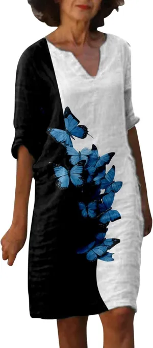 Womens Linen Dress Comfy Fashion Elegant Flower Print Short Sleeve Pastel Dress Work Spring 80S Outfit for Women