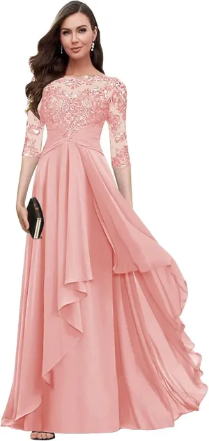 Women's Long Sleeves Mother of The Bride Dresses for Wedding Lace Applique Ruffled Chiffon Formal Evening Gowns
