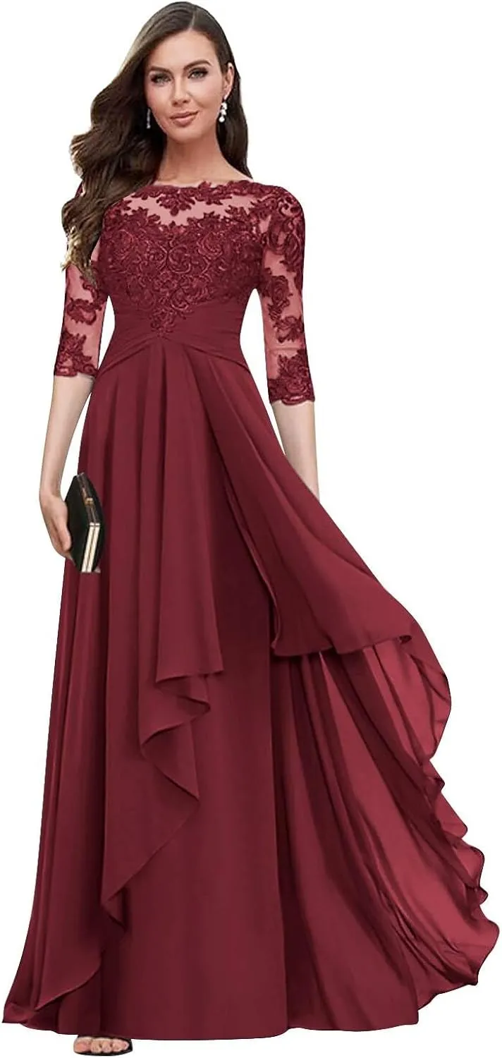 Women's Long Sleeves Mother of The Bride Dresses for Wedding Lace Applique Ruffled Chiffon Formal Evening Gowns