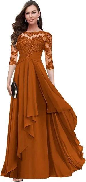 Women's Long Sleeves Mother of The Bride Dresses for Wedding Lace Applique Ruffled Chiffon Formal Evening Gowns