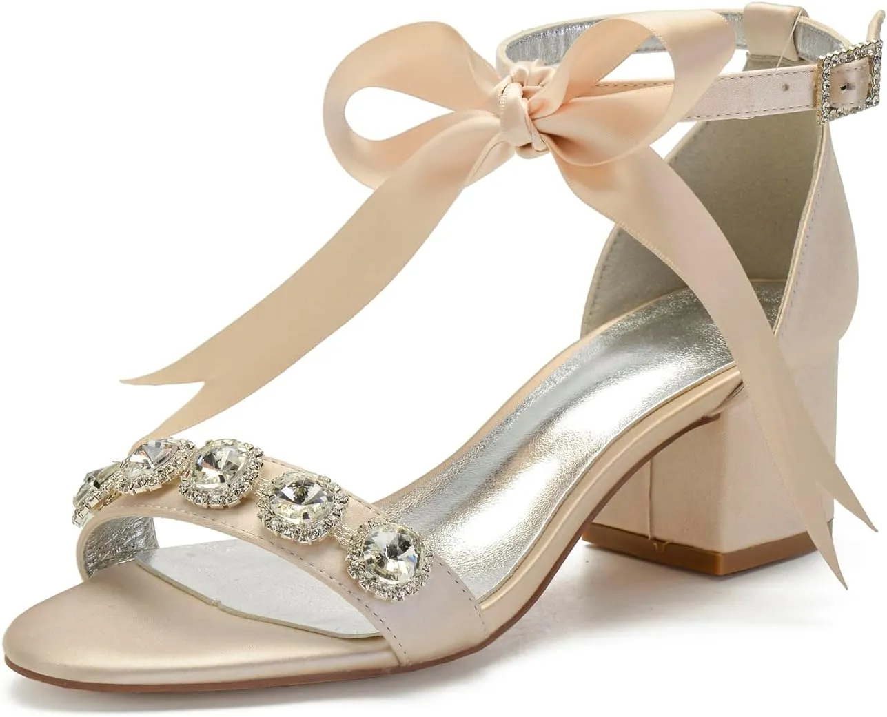 Women's Low Block Heels Sandals Peep Toe Chunky Ankle Strap Crystal Wedding Dress Shoes with Bow